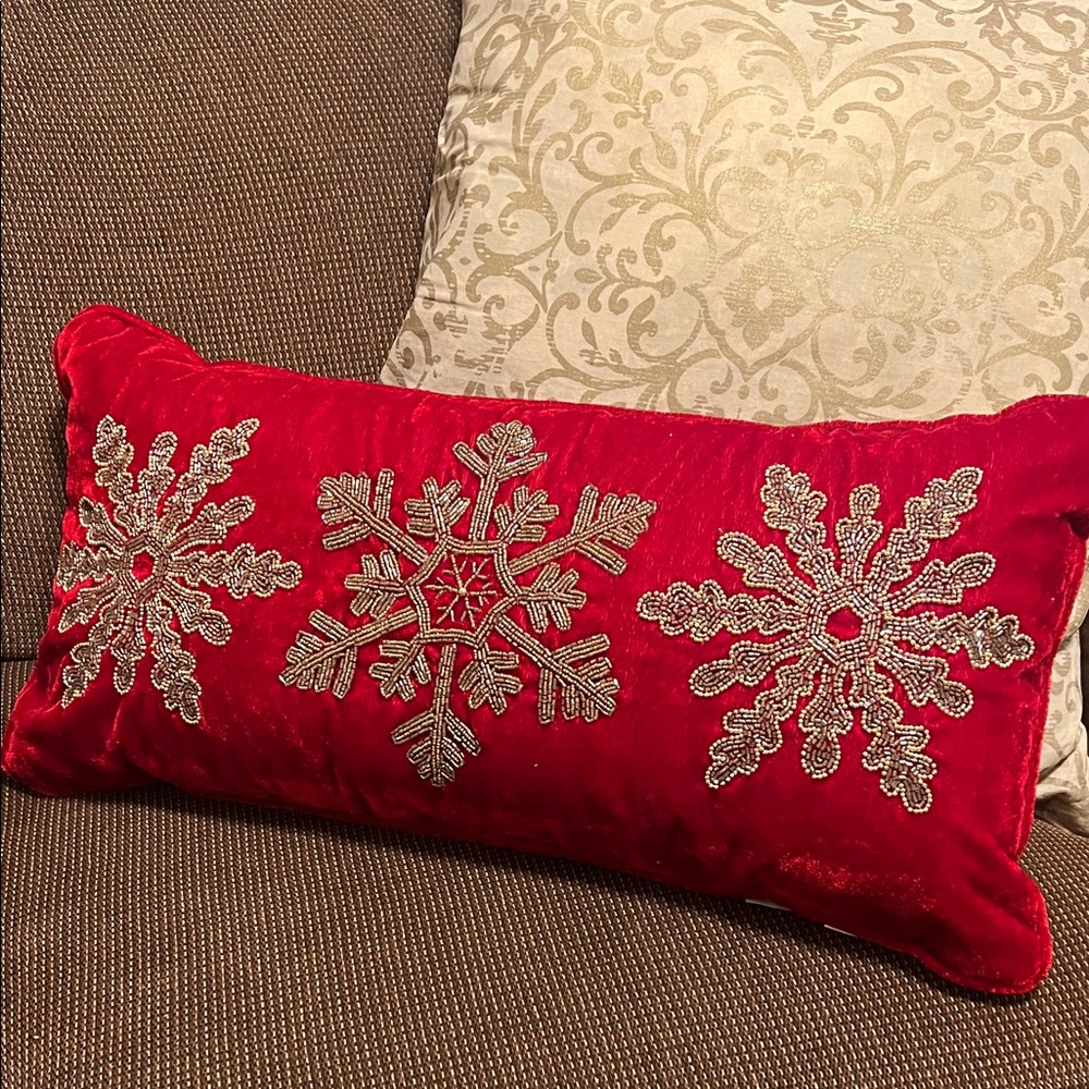 Red Velvety Snowflake Beaded Holiday Pillow, 12” x 24”